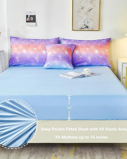 PERFEMET Mermaid Scales Queen Comforter Set 6 Pieces Purple Orange Comforter for Queen Size Bed Teen Girls Glitter Bedding Set Rainbow Tie Dye Bed in A Bag - LeafyLoom