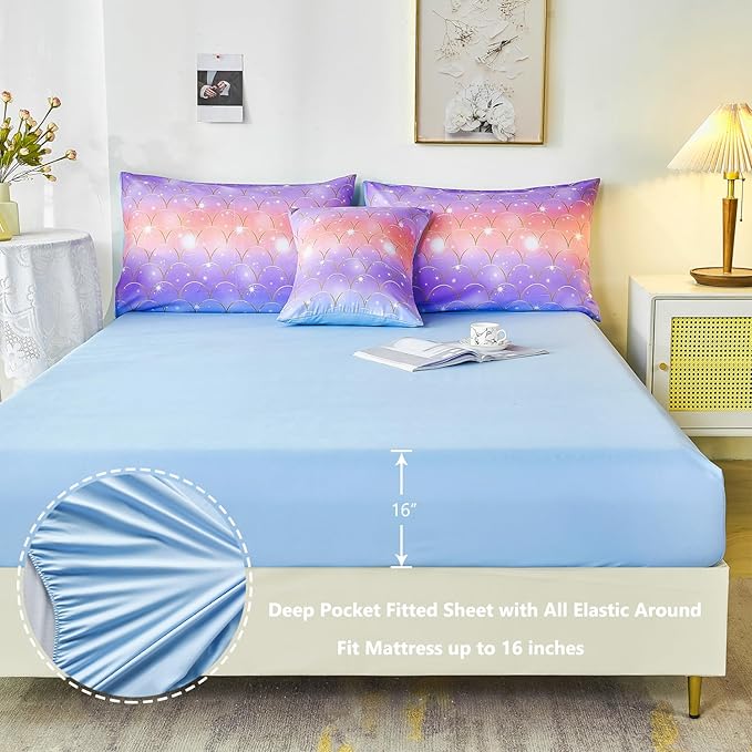 PERFEMET Full Size Mermaid Comforter Sets 6 Pieces Purple Ombre Girls Bedding Sets Tie Dye Rainbow Glitter Bed in A Bag for Kids Teens Girls Women - LeafyLoom