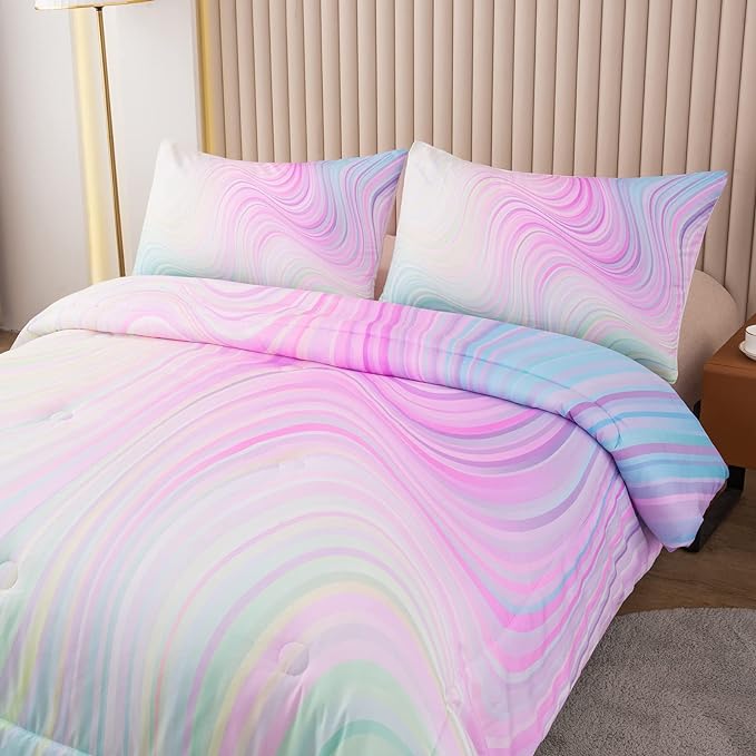 Bodhi Girls Comforter Full Size Colorful Tie Dye Comforter Teen Girl Pink Bedding Set Watercolor Pastel Pink Comforter Set Blue Purple Bedding Set Bright Girly Tie Dye Bedding - LeafyLoom
