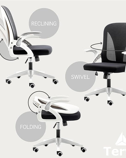 Tervo Model S | Folding Office Chair for Small Spaces | Gaming Chair for Adults & Kids | Ergonomic Mesh Computer Chair for Bedroom | Desk Chair for Home Work | (White & Black) - LeafyLoom