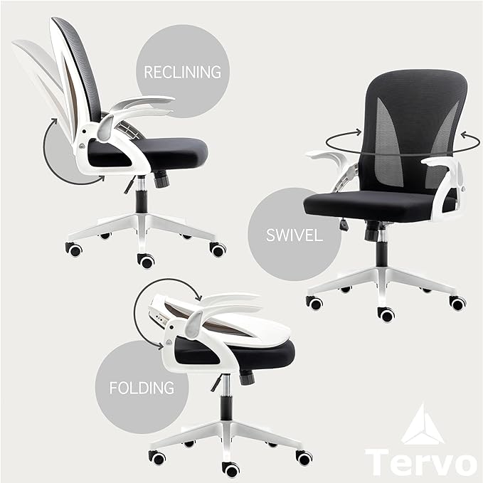 Tervo Model S | Folding Office Chair for Small Spaces | Gaming Chair for Adults & Kids | Ergonomic Mesh Computer Chair for Bedroom | Desk Chair for Home Work | (White & Black) - LeafyLoom