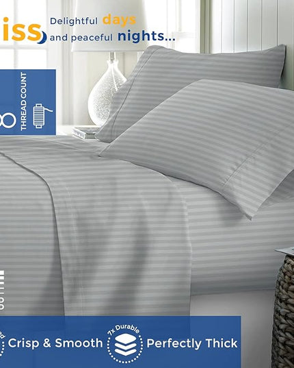 THREAD SPREAD Striped Egyptian Cotton Sheets Twin XL Size - 600 Thread Count 3 PC Damask Twin XL Sheets Deep Pockets, Sateen Weave College Dorm Bedding Twin XL, Fits Mattress upto 18" - Silver Stripe - LeafyLoom