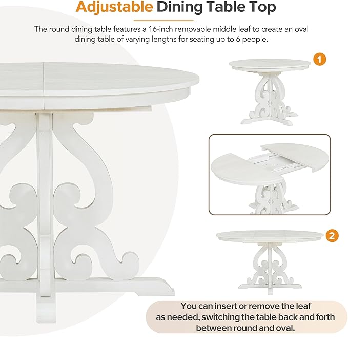 5-Piece Retro Functional Dining Set, Included Solid Wooden Extendable Table with a 16-inch Leaf and 4 Upholstered Chairs for Kitchen, Living Room, Home Bar, Antique White - LeafyLoom