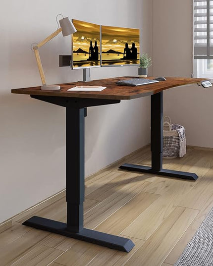 Dual Motor Electric Standing Desk - 63 x 30 Inch Adjustable Height Sit Stand Computer Desk with Splice Board, Stand Up Desk Table for Home Office, Rustic Brown Top(with Radian) - LeafyLoom