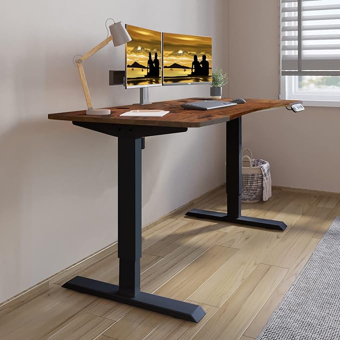 Dual Motor Electric Standing Desk - 63 x 30 Inch Adjustable Height Sit Stand Computer Desk with Splice Board, Stand Up Desk Table for Home Office, Rustic Brown Top(with Radian) - LeafyLoom