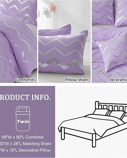 Purple/Silver Comforter Set Twin, Lavender Metallic Print Glitter Bedding Set Cute Shinny Lilac Bed Sets for Teen Girls Kids Women, 3 Piece (1 Pillowcase, 1 Decorative Pillow Sham) - LeafyLoom