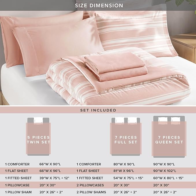 Codi Teen Girl Bedding Full Size, Pink Striped Bed in a Bag Reversible All Season Bed Set, 7 Piece Comforter Set with 2 Pillow Shams, Flat Sheet, Fitted Sheet and 2 Pillowcases - LeafyLoom