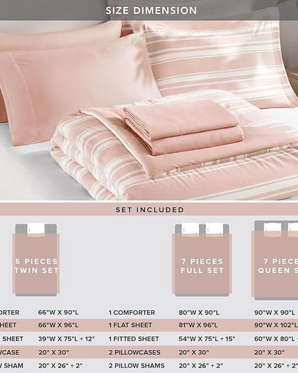 Codi Bed in a Bag Twin Size Complete Set, Pink and White Striped Single Comforter Set 5 Piece for Teen Girls, Modern Neutral Cationic Dyeing Bed Sets with Comforter, Sheets, Pillowcases & Shams - LeafyLoom