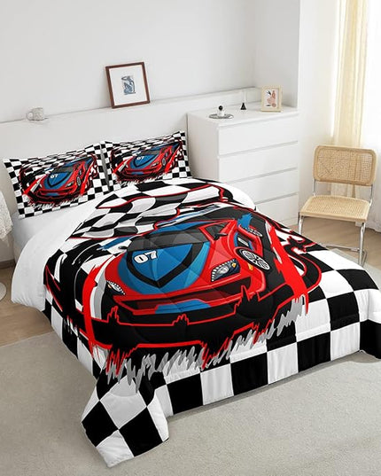 Red Race Car Bedding Set Twin Size Cool Racing Car Comforter Set Competition Extreme Sports Game Down Comforter For Kids Boys Girls Teens Bedroom Decor Plaid Pattern Duvet Insert With 1 Pillowcase - LeafyLoom