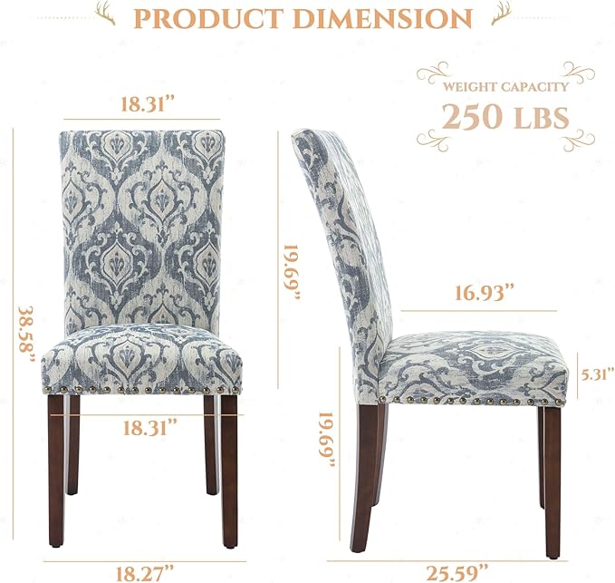 Parsons Dining Chairs Set of 4, Upholstered Nailhead Dining Room Kitchen Side Chair with Thick Cushions and Wood Legs, White/Blue - LeafyLoom