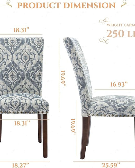Parsons Dining Chairs Set of 2, Upholstered Nailhead Dining Room Kitchen Side Chair with Thick Cushions and Wood Legs, White/Blue - LeafyLoom