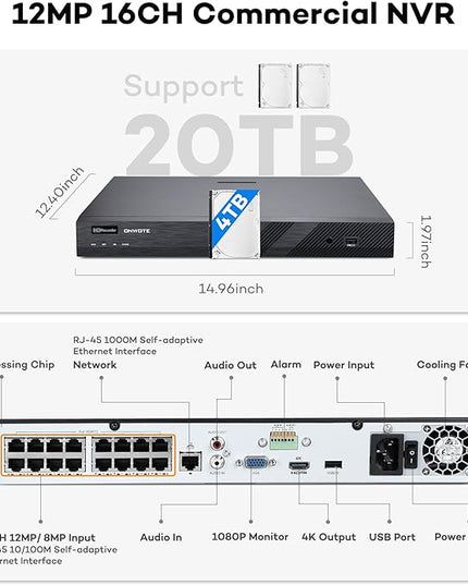ONWOTE NVR PoE Security Camera System 4K, 16 Channel 12MP Commercial NVR 4TB, 8X 8MP Wired Outdoor IP Cameras, 134° FoV, AI Detection, 24/7 Video Audio Recording, CCTV Surveillance for Home Business ONWOTE
