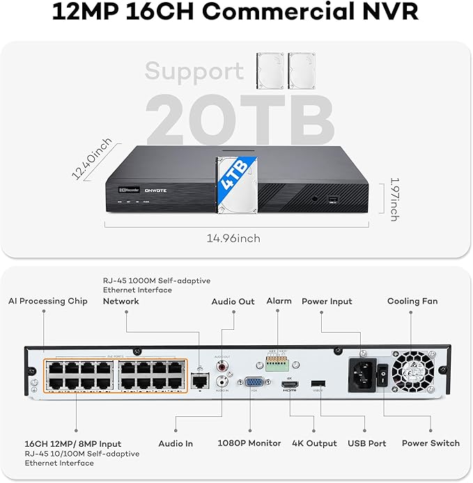 ONWOTE NVR PoE Security Camera System 4K, 16 Channel 12MP Commercial NVR 4TB, 8X 8MP Wired Outdoor IP Cameras, 134° FoV, AI Detection, 24/7 Video Audio Recording, CCTV Surveillance for Home Business ONWOTE