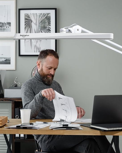 LED Architect Desk Lamp with Clamp, Metal Swing Arm 2000 Lumens Dimming Office Table Lamp for Task Work Drafting Reading Desktop, 117PCS Bright LEDs, 24W Workbench Lamp(White) - LeafyLoom