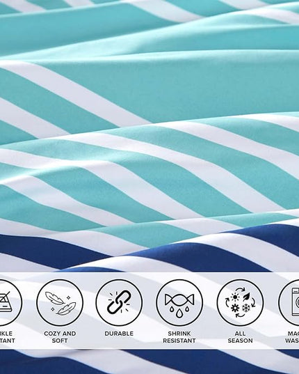 Comfort Spaces Full Comforter Sets with Sheets - Bed in a Bag 9 Pieces Teen Bedding Sets Full, Navy and Grey Stripes Bedding Full, College Full Bed Set, 2 Side Pocket Bedroom Organizer Full Navy - LeafyLoom