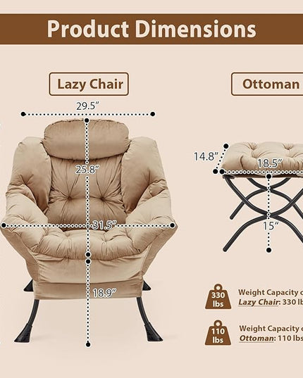 Lazy Chair with Folding Ottoman, Accent Chair Velvet Upholstered with Metal Structure and Non-Slip Pads, Sofa Armchair with Footrest and Side Storage Bag for Dorm, Room, Office, Khaki - LeafyLoom