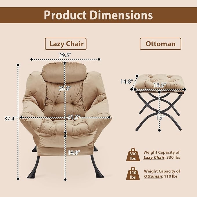 Lazy Chair with Folding Ottoman, Accent Chair Velvet Upholstered with Metal Structure and Non-Slip Pads, Sofa Armchair with Footrest and Side Storage Bag for Dorm, Room, Office, Khaki - LeafyLoom