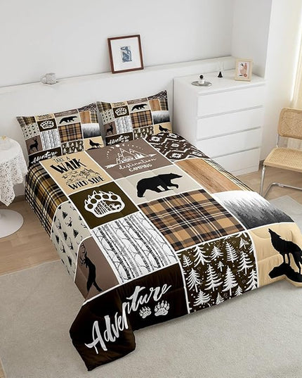 Rustic Farmhouse Kids Comforter Set Queen Size,Deer Antlers Bear Paws Plaids Patchwork Bedding Set for Boys Girls Adults Room Decor,Pine Trees Xmas Down Comforter,Brown Duvet Insert,2 Pillowcases - LeafyLoom