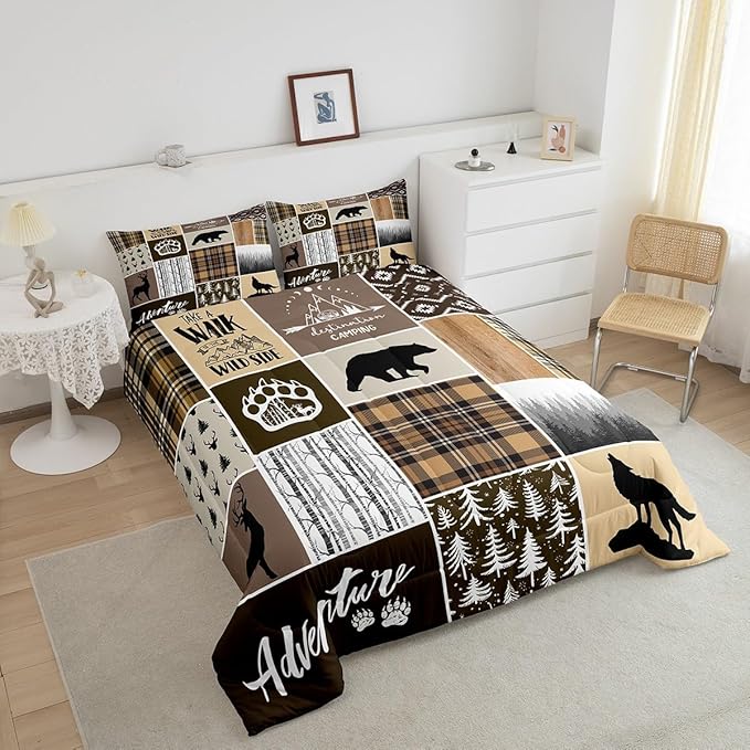 Rustic Farmhouse Kids Comforter Set Twin Size,Deer Antlers Bear Paws Plaids Patchwork Bedding Set for Boys Girls Adults Room Decor,Pine Trees Xmas Down Comforter,Brown Duvet Insert,1 Pillowcase - LeafyLoom
