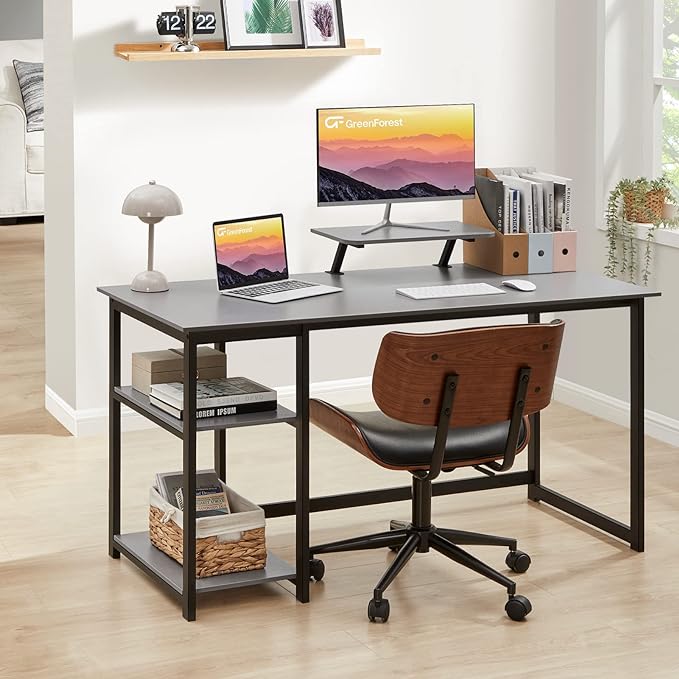 GreenForest Computer Desk with Monitor Stand,47 inch Home Office Desk with Reversible Storage Shelves,Modern Writing Desk Study PC Laptop Work Table,Grey - LeafyLoom
