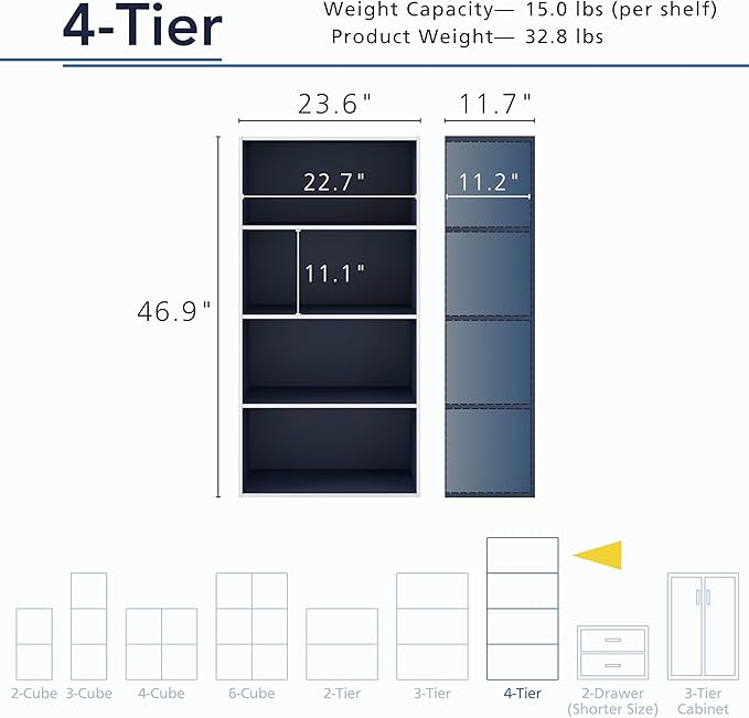 Apexa 4-Tier Cube Storage Organizer Shelves, Stackable Wood Bookcase Fits Cubby Bins for Organization, Dorm Teen Room Decor & Home Office, Steel Blue - LeafyLoom