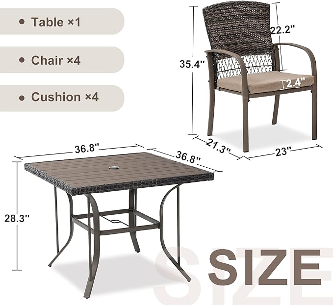 Patio Dining Set for 4, 5PCS Patio Table & Chair Set,Plastic-Wood Table Top with 1.6" Umbrella Hole, All-Weather Wicker Patio Dining Furniture with Removable Cushions for Deck, Lawn, Garden(Beige) - LeafyLoom