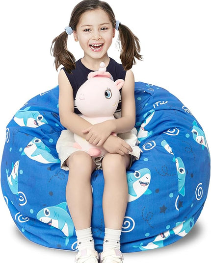 Stuffed Animal Storage Bean Bag Chair Cover, Hold Kids Plush Toys Blankets Towels Beanbag (Cover Only), Canvas Floor Circle Stuff Sit Seat Sofa with YKK Zipper, Large 32", Blue Shark - LeafyLoom