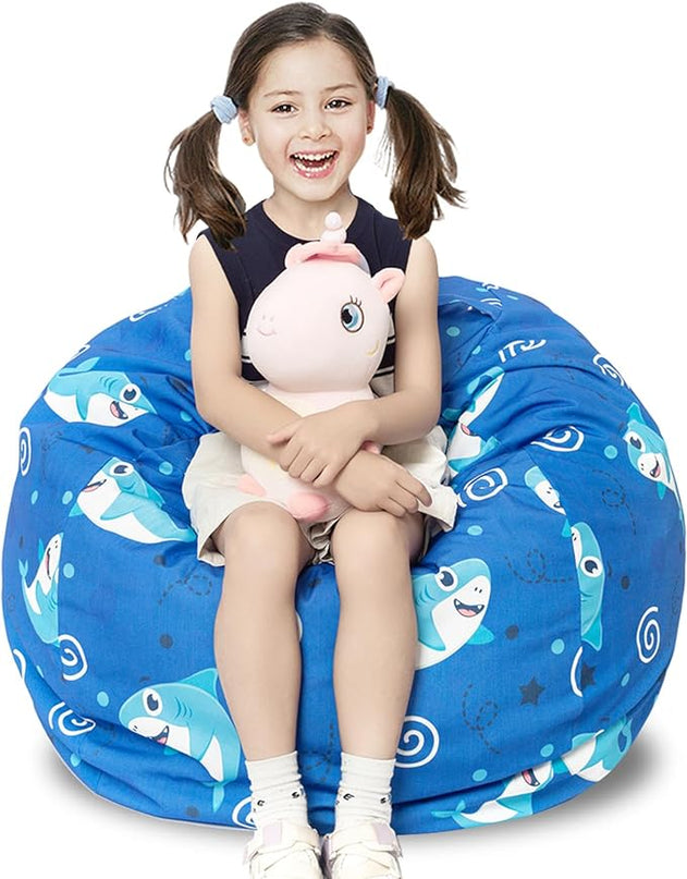 Stuffed Animal Storage Bean Bag Chair Cover, Hold Kids Plush Toys Blankets Towels Beanbag (Cover Only), Canvas Floor Circle Stuff Sit Seat Sofa with YKK Zipper, Large 32", Blue Shark - LeafyLoom