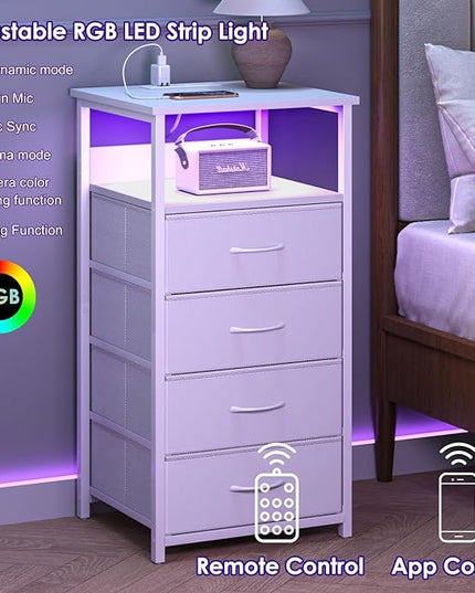 Fixwal Dresser for Bedroom, LED Tall Nightstand with Charging Station Night Stand with USB Ports and Outlets, 4 Fabric Storage Drawers with PU Finish, Bed Side Table, White - LeafyLoom