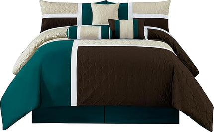 Chezmoi Collection Upland 7-Piece Quilted Patchwork Comforter Set, Teal/Beige/Brown, King - LeafyLoom