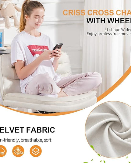 COMHOMA Criss Cross Chair with Wheels, Armless Wide Cross Legged Office Chair Mid Back, Modern Home Office Desk Chair Swivel Adjustable Vanity Computer Chair, Beige Velvet - LeafyLoom
