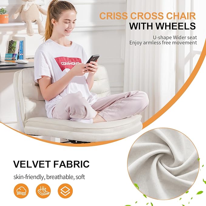COMHOMA Criss Cross Chair with Wheels, Armless Wide Cross Legged Office Chair Mid Back, Modern Home Office Desk Chair Swivel Adjustable Vanity Computer Chair, Beige Velvet - LeafyLoom