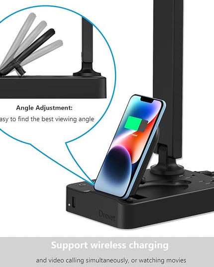 Drevet LED Desk Lamp with Wireless Charger, Desk Table Light with USB Charging Port and 2 Outlets, 3 Lighting Modes, 3 Level Brightness, 1H Timer, Touch Control, Eye-Caring Home Office Foldable Lamp - LeafyLoom