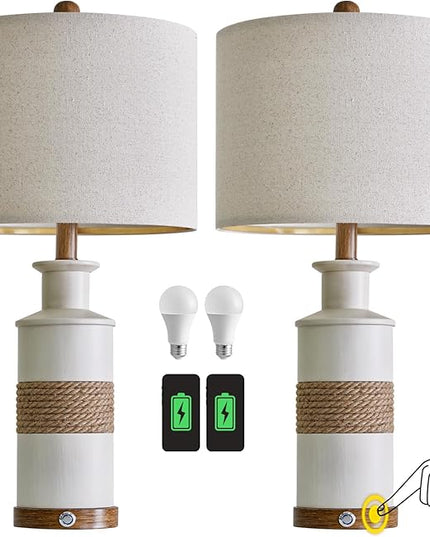 BOBOMOMO 24.5" USB A+C 3-Way Dimmable Touch Control Boho Table Lamp Set of 2 for Living Room Nightstand Beside Lamps for Bedroom(include two bulbs) - LeafyLoom