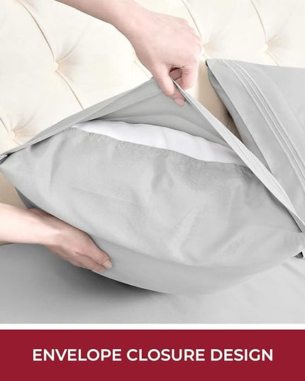 Mellanni RV Short Queen Sheets - 4 PC Iconic Collection Bedding Sheets & Pillowcases - Hotel Luxury, Extra Soft, Cooling Bed Sheets - Deep Pocket up to 10 inch (RV/Short Queen, Light Gray) - LeafyLoom