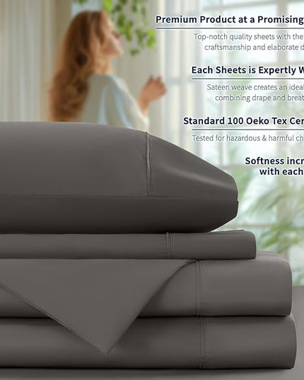 Shilucheng 100% Cotton Sheets Set - 600 Thread Count，Luxury Egyptian Cotton Bed Sheets，5-Star Hotel Quality Sheets, Breathable & Cooling, 16 Inch Deep Pocket - 4 Piece (Dark Grey, California King) - LeafyLoom