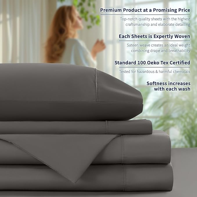 Shilucheng 100% Cotton Sheets Set - 600 Thread Count，Luxury Egyptian Cotton Bed Sheets，5-Star Hotel Quality Sheets, Breathable & Cooling, 16 Inch Deep Pocket - 4 Piece (Dark Grey, California King) - LeafyLoom