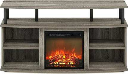 Furinno Jensen Open Shelving Storage Fireplace TV Entertainment Center for TV up to 55 Inch, French Oak Grey/Black - LeafyLoom