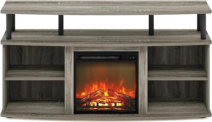 Furinno Jensen Open Shelving Storage Fireplace TV Entertainment Center for TV up to 55 Inch, French Oak Grey/Black - LeafyLoom