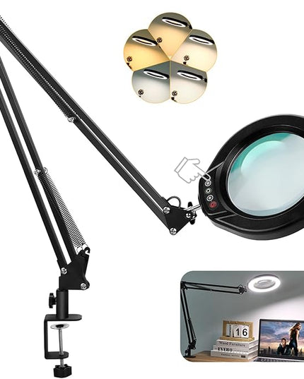 VEEMAGNI 5 Inch Large Magnifying Glass with Light and Stand, 5 Color Modes Stepless Dimmable, 2*16 Inch Swivel Arm LED Clamp Desk Lamp, Hands Free 10X Lighted Magnifier for Close Work Crafts Soldering - LeafyLoom