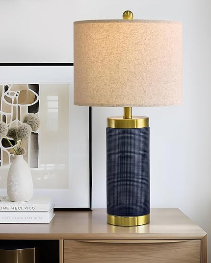 24.5" Modern Ceramic Blue Single Bedside Lamp for Bedroom Decor Farmhouse Table Lamp for Living Room Office Dorm - LeafyLoom