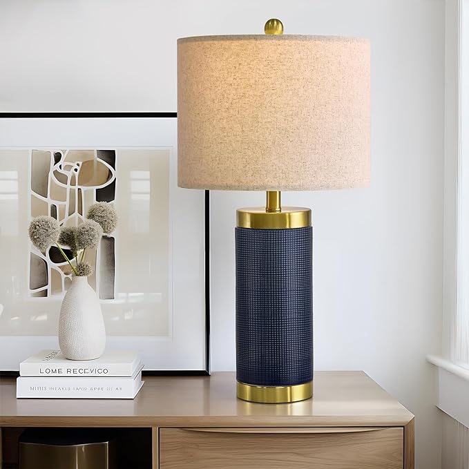 24.5" Modern Ceramic Blue Single Bedside Lamp for Bedroom Decor Farmhouse Table Lamp for Living Room Office Dorm - LeafyLoom