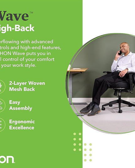 HON Wave Ergonomic Office Chair Back Support with High Back Mesh, Adjustable Arms, Comfortable Cushion, 360 Swivel Wheels, Synchro-Tilt, Black - LeafyLoom