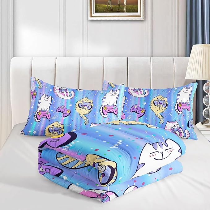Datura home Cat Comforter Set Blue Kawaii Cat Printed Quilt Bedding Set with 1 Comforter and 2 Pillowcases for Boys and Girls Bedroom All Season(Blue Cat Queen) - LeafyLoom