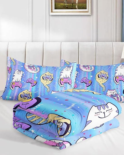 Datura home Cat Comforter Set Blue Kawaii Cat Printed Quilt Bedding Set with 1 Comforter and 2 Pillowcases for Boys and Girls Bedroom All Season(Blue Cat Twin) - LeafyLoom