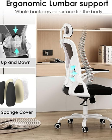 Farini Ergonomic Office Chair, Home Office Desk Chair with Headrest, High Back Computer Chair with Flip-up Armrests and Adjustable Lumbar Support.for Home Office Study Room Bedroom, White - LeafyLoom