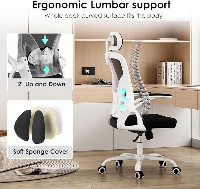 Farini Ergonomic Office Chair, Home Office Desk Chair with Headrest, High Back Computer Chair with Flip-up Armrests and Adjustable Lumbar Support.for Home Office Study Room Bedroom, White - LeafyLoom
