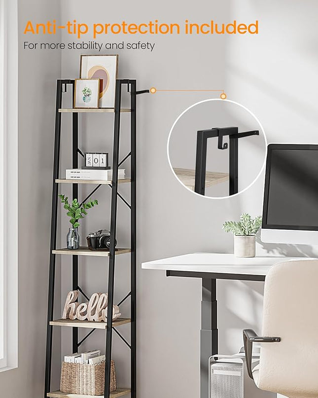 Ladder Shelf, Bookshelf Bookcase, Freestanding Corner Storage Shelve with 2 Hooks for Home Office, Living Room, Kitchen, Bedroom, Industrial, 5-Tier Greige BC03205B - LeafyLoom