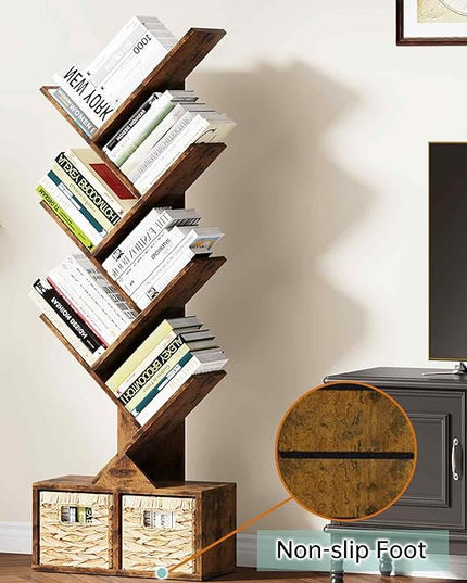 Vagusicc 6 Tier Tree Bookshelf - Retro Shelf Floor Standing Bookcase with Baskets, Tall Wood Book Storage Rack for Books/CDs, Tree Utility Book Organizer Shelves for Living Room, Home Office, Bedroom - LeafyLoom
