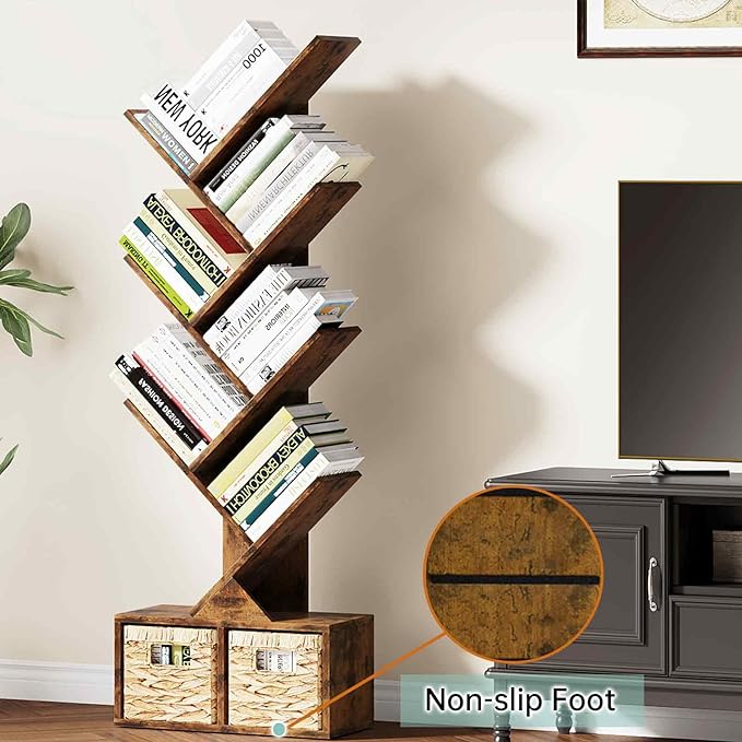 Vagusicc 6 Tier Tree Bookshelf - Retro Shelf Floor Standing Bookcase with Baskets, Tall Wood Book Storage Rack for Books/CDs, Tree Utility Book Organizer Shelves for Living Room, Home Office, Bedroom - LeafyLoom